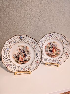 Vintage Courting Couples Porcelain Reticulated Plates - White with Gold Trim